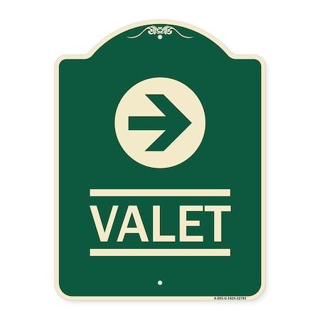 Signmission Designer Series Valet Right Arrow, Green & Tan Heavy-Gauge Aluminum Sign, 24" x 18", G-1824-22743 A-DES-G-1824-22743